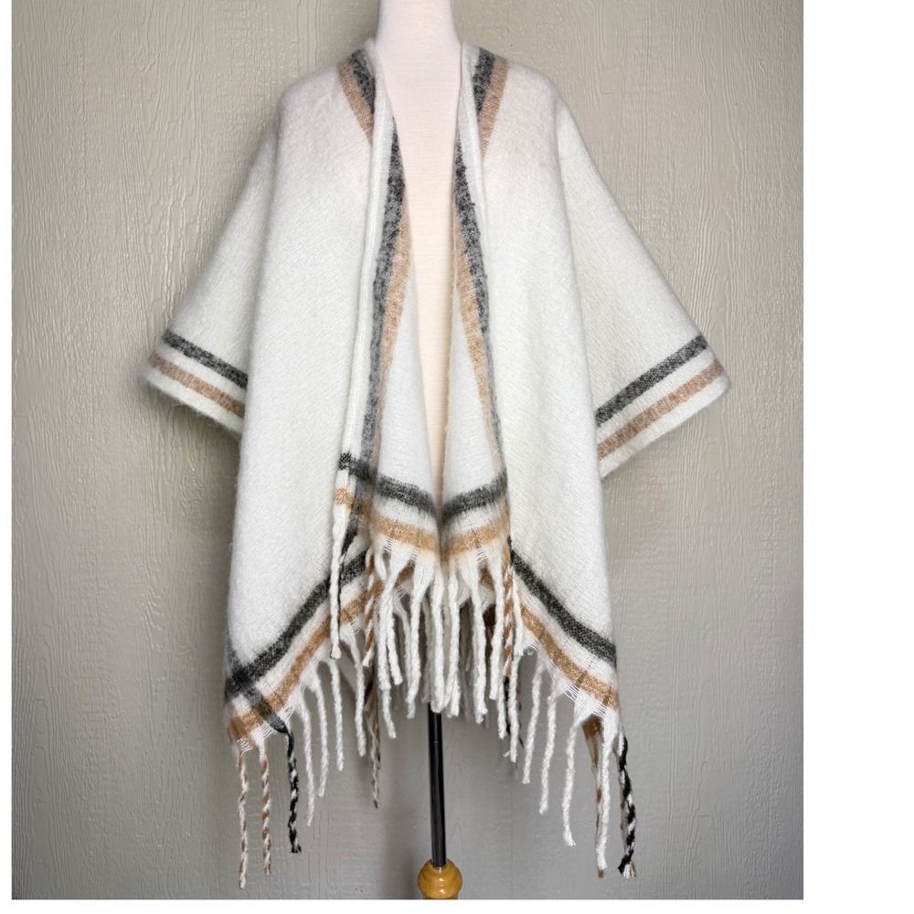 Time and Tru Womens Brushed Ruana Ivory Multi Striped Fringe Wrap New w Tags